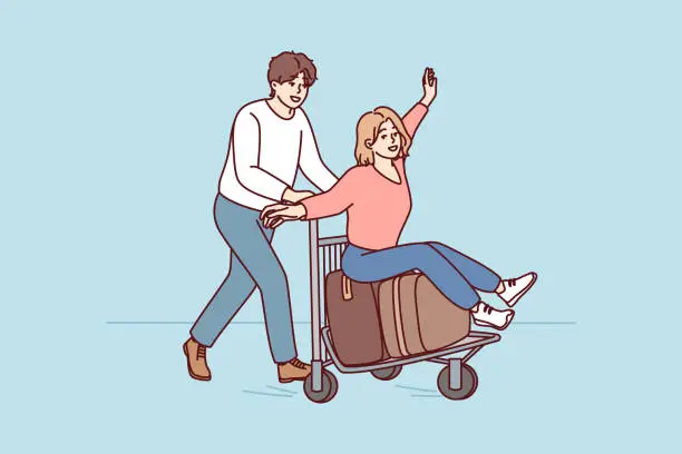 Vector illustration of Happy man rides joyful woman on travel bag cart from airport heading for summer trip. Vector image