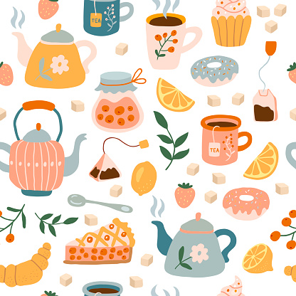 Utensils pattern. Tea time cozy items cups teapots and dishes illustrations for textile design projects recent vector seamless template of pattern cup and teapot, doodle background