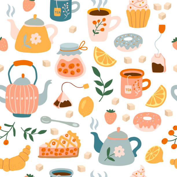 Utensils pattern. Tea time cozy items cups teapots and dishes illustrations for textile design projects recent vector seamless template of pattern cup and teapot Utensils pattern. Tea time cozy items cups teapots and dishes illustrations for textile design projects recent vector seamless template of pattern cup and teapot, doodle background tea set stock illustrations