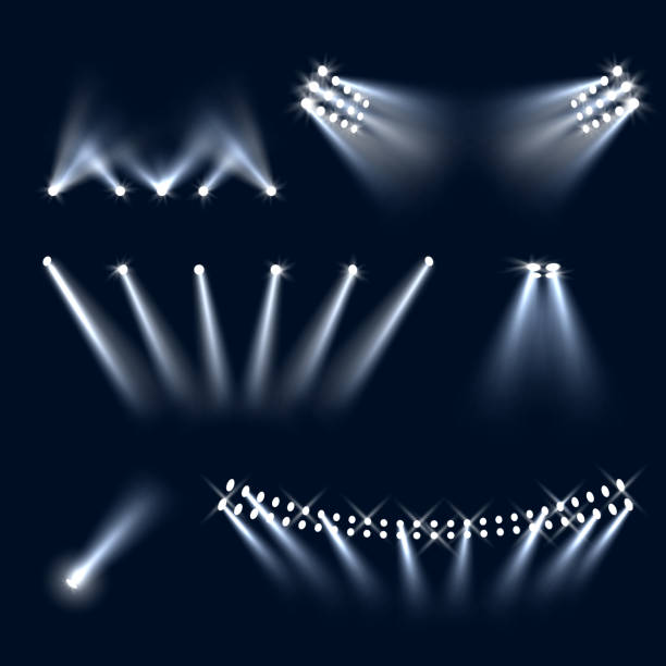 illustrazioni stock, clip art, cartoni animati e icone di tendenza di faretti da stadio. lampada professionale di illuminazione di grande area con luce direzionale modelli realistici vettoriali decenti - popular music concert lighting equipment illuminated stage