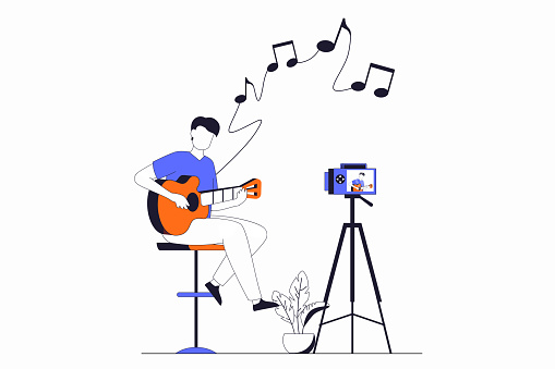 Hobby concept with people scene in flat outline design. Man musician playing guitar and recording video or live broadcast for his music blog. Vector illustration with line character situation for web