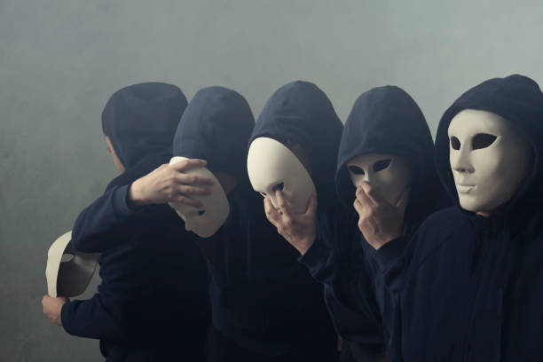 surreal duplicate man with mask, concept of identity crisis with various personalities