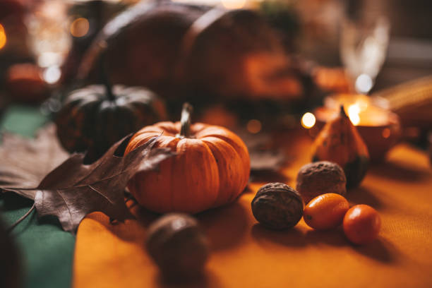 Classic USA Thanksgiving day dinner with holiday autumn decor and candles. Family dining room table set with delicious golden roasted turkey on platter garnished rosemary and fresh small pumpkins