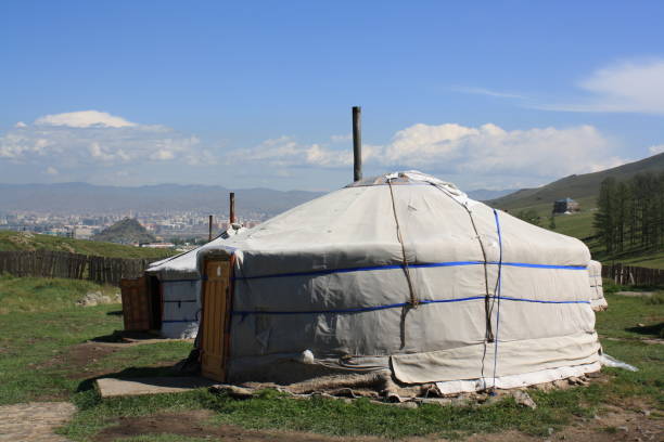 Nomadic tents (gers) in the beauty of the serene Bogd Khaan valley, Ulaanbaatar, Mongolia. stock photo
