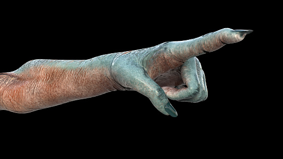 Humanoid alien hand isolated on black background, 3D illustration