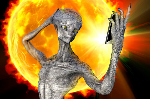 Humanoid alien makes selfie on a background with Solar flare, 3D illustration