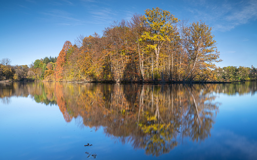 Vibrant sunset on river in the autumn