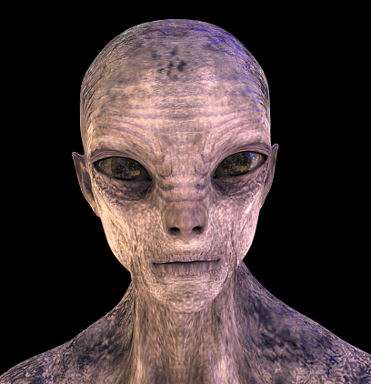 Portrait of a humanoid alien looking at camera with photo realistic highly detailed skin texture, 3D illustration