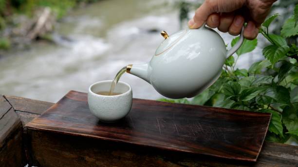 istock Green tea is poured in slow motion from a white ceramic teapot. Traditional tea drinking on the bank of a mountain river. Green tea is a useful antioxidant for restoring health and energy. 1446216559