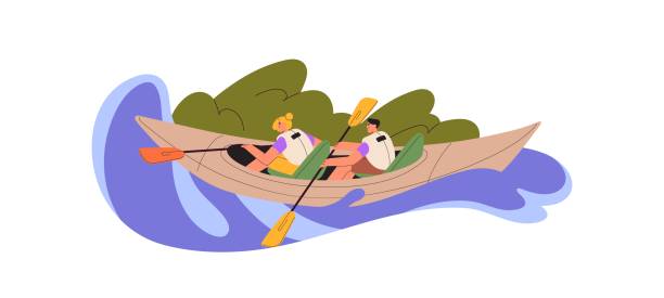Couple and kayaking sport activity. People kayakers rowing with paddles in double boat, rafting down river. Man and woman in rowboat in summer. Flat vector illustration isolated on white background Couple and kayaking sport activity. People kayakers rowing with paddles in double boat, rafting down river. Man and woman in rowboat in summer. Flat vector illustration isolated on white background. rafting kayak kayaking river stock illustrations