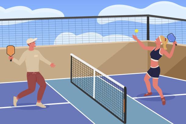 ilustrações de stock, clip art, desenhos animados e ícones de playing pickleball. new modern game. vector illustration - tennis court men racket