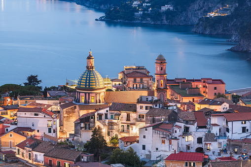 Vietri Sul Mare, Italy town skyline on the Amalfi coast at dusk.