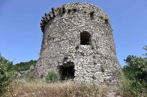 Mercato San Severino, Campania, Italy - June 22, 2021: Ruins of the Sanseverino Castle, one of the largest medieval castles in Italy consisting of three fortifications built in successive periods starting from the 11th century