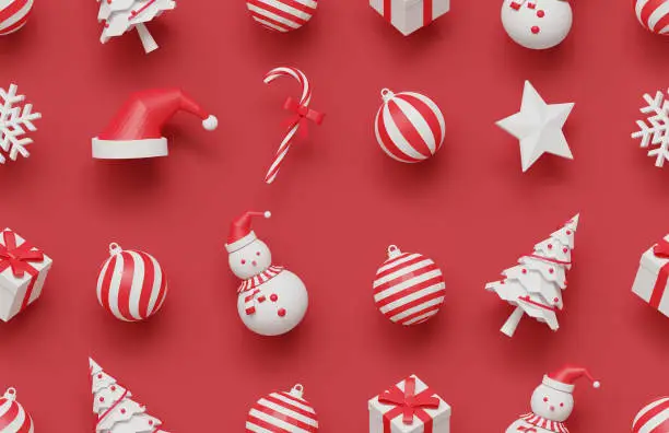 3d rendering seamless pattern of  Christmas decoration items including Christmas tree, star, gift box, snow man, Santa hat, snow flake, candy cane, 3 types of decorative ball.