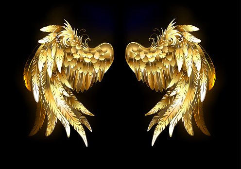 Shiny, gold, jewelry, bird wings on black background. Golden wings.