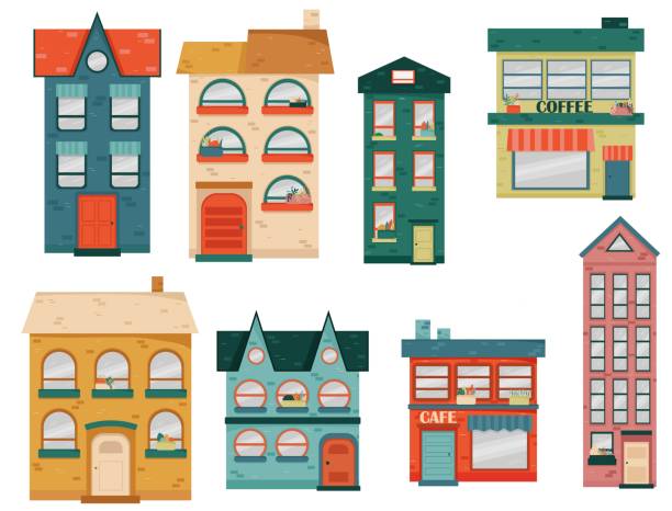 ilustrações, clipart, desenhos animados e ícones de conjunto de casas com flores doodle em estilo plano - apartment real estate house residential structure