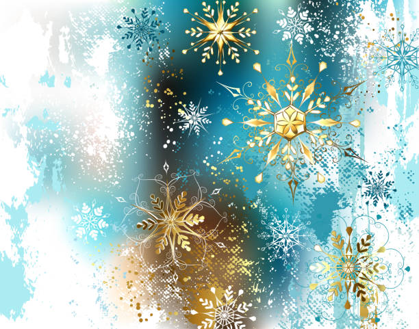 синий фон с золотыми снежинками - frozen cold spray illustration and painting stock illustrations