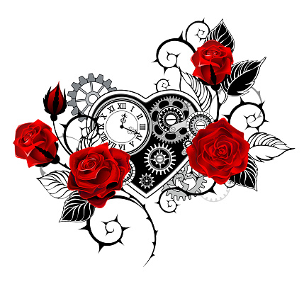Artistically drawn, mechanical heart with an antique clock, decorated with red roses with black, spiky stems on white background. Steampunk style.