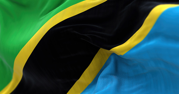 Close-up view of the Tanzania national flag waving in the wind. The United Republic of Tanzania is a country in East Africa. Fabric textured background. Selective focus. 3d illustration