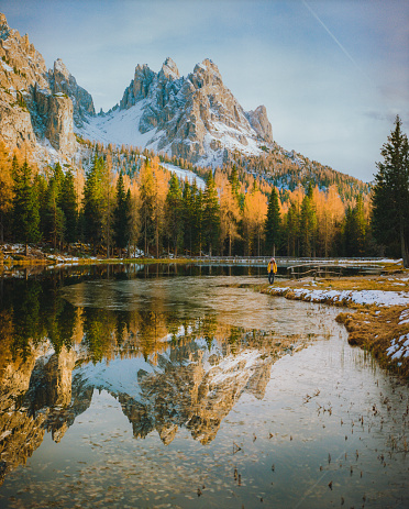 Scenic view of  mountain lake in Dolomites in autumn shot on film