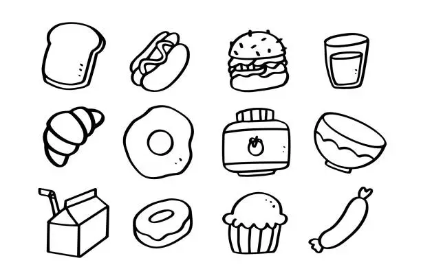 Vector illustration of Set of food hand drawn line art illustration for design element. simple drawing for kids design theme