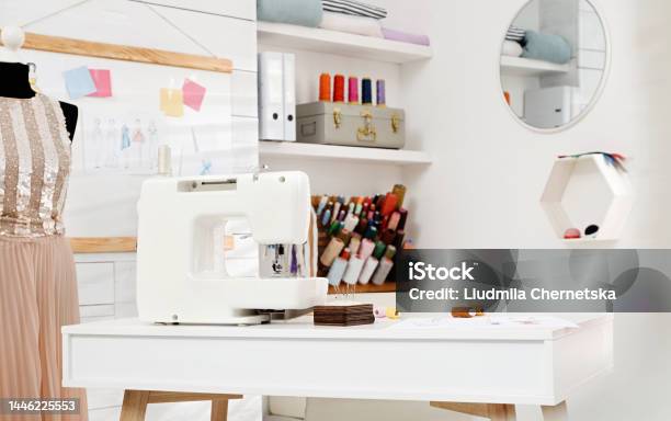 Dressmaking Inage Dressmaking Workshop Interior With Modern Sewing Machine Mannequin And ...
