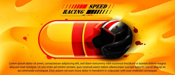 Vector illustration of The concept of movement speed and victory in a realistic style. Protective sports helmet of a racer and a battery charge on an abstract colored background with space for text.