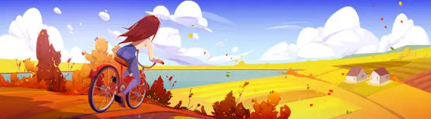 Vector illustration of Young woman ride bicycle at autumn rural landscape