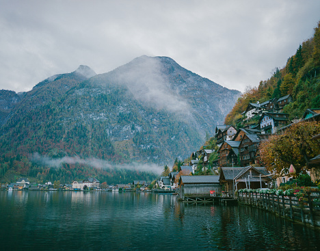 Scenic view of Hallstatt in autumn shot on film