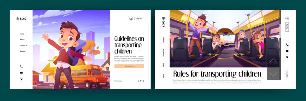 Children transporting rules and guideline landing Children transporting rules and guideline landing pages. Funny little students sitting inside of school bus. Happy pupil boy waving hands. Safety for kids transportation, Cartoon vector web banners funny-school-bus stock illustrations