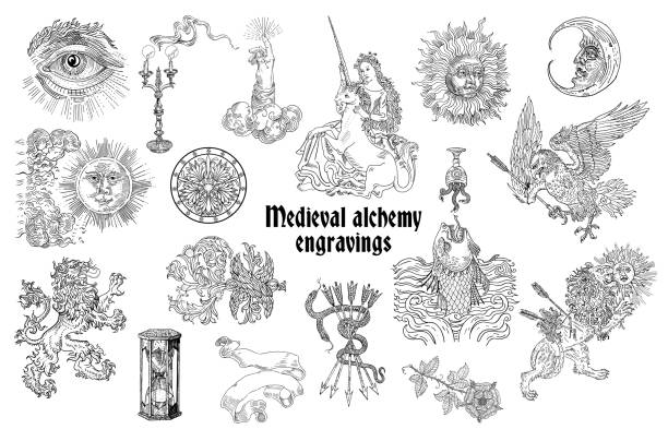 Medieval manuscript motif, engraving style hand drawn ink pen art