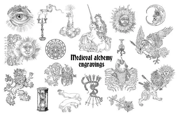 Vector illustration of Set of gothic alchemical occult astrological motifs. Medieval engraving style. Sun, moon, heraldic lion, eagle, unicorn, snake, fantasy beasts, ornamental elements, candle, hourglass, masonic symbols.