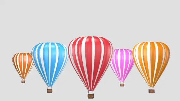 Photo of 3D render, a hot air colorful balloons isolated on a gray background . Travel and vacation concept.