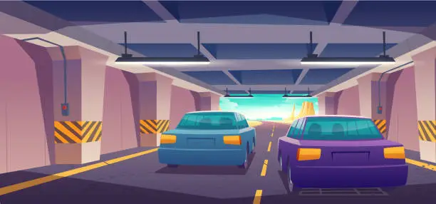 Vector illustration of Car exit underground tunnel rear view, highway