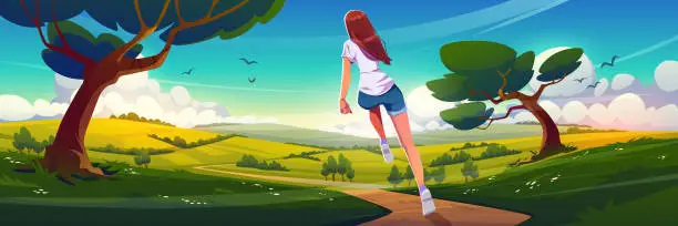 Vector illustration of Countryside scene with girl runs on road