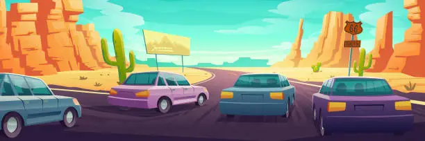 Vector illustration of Desert landscape with cars drive on highway