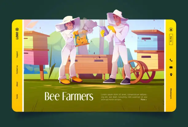 Vector illustration of Bee farmers cartoon landing page, beekeepers work