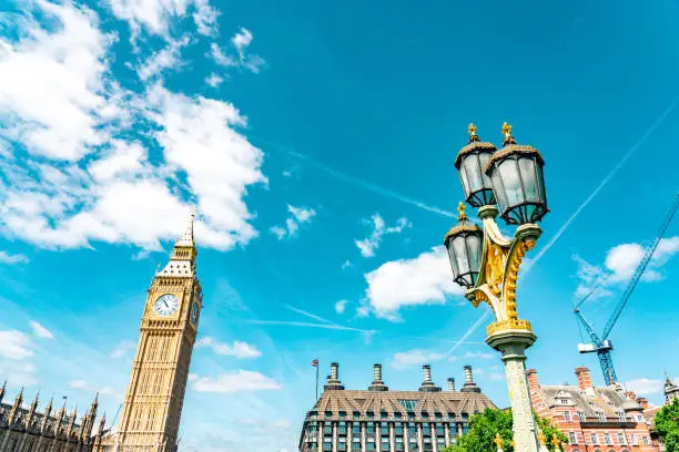 Photo of Big Ben Tower Westminster Bridge Steet Lamp Houses of Parliament Westminster London England
