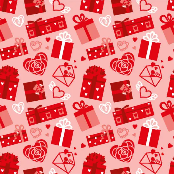 Vector illustration of Graphic elements of flowers, hearts and gifts. San Valentine's Day.