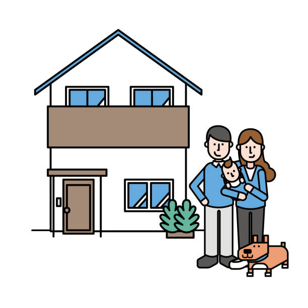 illustration eines einfachen hauses, einer dreiköpfigen familie und eines hundes (typ q) - office home improvement business moving house stock-grafiken, -clipart, -cartoons und -symbole