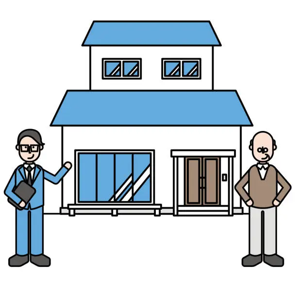 Vector illustration of Illustration of a simple house and a man who buys and sells (B type)