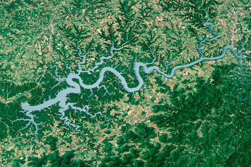 3D Render of a Topographic Map of Lake Cumberland, Kentucky.
All source data is in the public domain.
Texture and water: Contains modified Copernicus Sentinel data (Sept 2022) courtesy of ESA. URL of source image: https://scihub.copernicus.eu/dhus/#/home.
Relief texture: 3DEP data courtesy of USGS, The National Map. URL of source image: 
https://apps.nationalmap.gov/downloader/