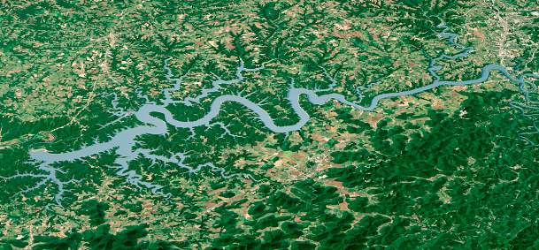 3D Render of a Topographic Map of Lake Cumberland, Kentucky.\nAll source data is in the public domain.\nTexture and water: Contains modified Copernicus Sentinel data (Sept 2022) courtesy of ESA. URL of source image: https://scihub.copernicus.eu/dhus/#/home.\nRelief texture: 3DEP data courtesy of USGS, The National Map. URL of source image: \nhttps://apps.nationalmap.gov/downloader/