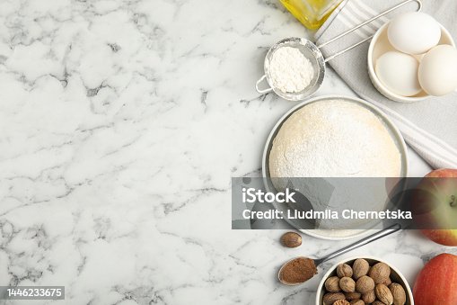 istock Raw dough, nutmeg seeds and other ingredients on white marble table, flat lay. Space for text 1446233675