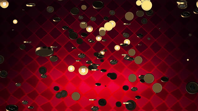 3D Explosive animation flying golden coins with dollar sign sparkles on red texture background. Exclusive animation for Jackpot