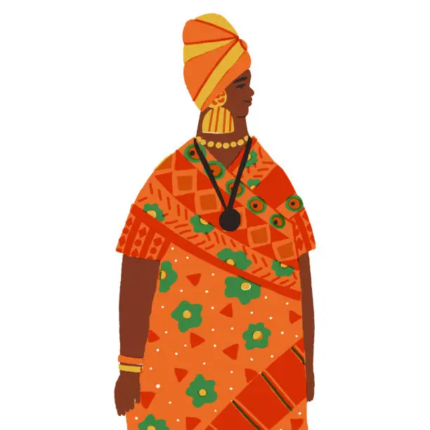 Vector illustration of African woman in a headwrap and a traditional floral patterned dress. Indigenous people of Afrika. Vector character isolated illustration.