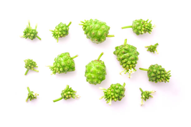 Noni or morinda citrifolia isolated on white background , top view , flat lay.