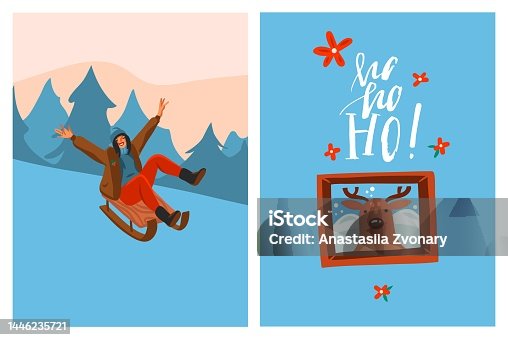 istock Hand drawn vector abstract graphic Merry Christmas and Happy new year clipart illustrations greeting card with sledding happy female and xmas lettering.Merry Christmas cute card design background. 1446235721