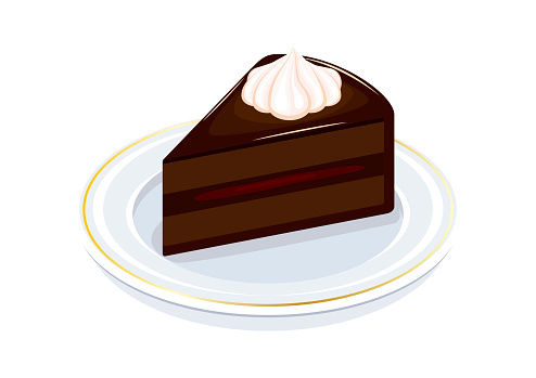 Piece of chocolate cake on a plate icon vector isolated on a white background