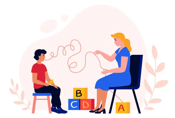 Vector illustration of Speech therapist and a kid.  Woman teaching boy correct speech. Child doing tongue exercises.  Speech correction. Speech disorder, development delay. Pediatrician in the kindergarten, school.  Stutter. Flat vector illustration.